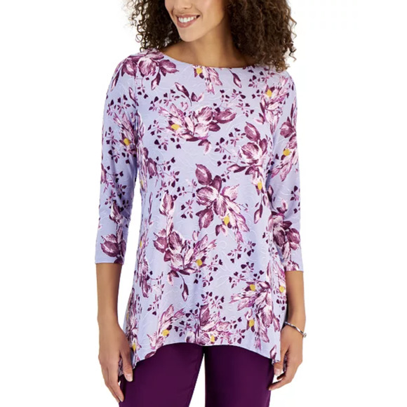 JM Collection Tunic Top Womens Small Floral Jacquard Knit 3/4 Sleeve Pullover - Picture 1 of 8